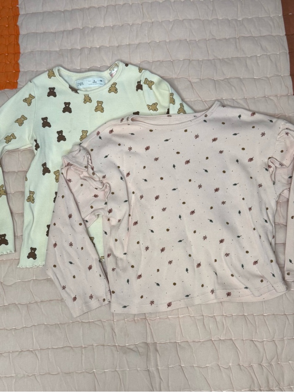 Zara Cream Ribbed Long-Sleeve Tee with Brown Bear Print